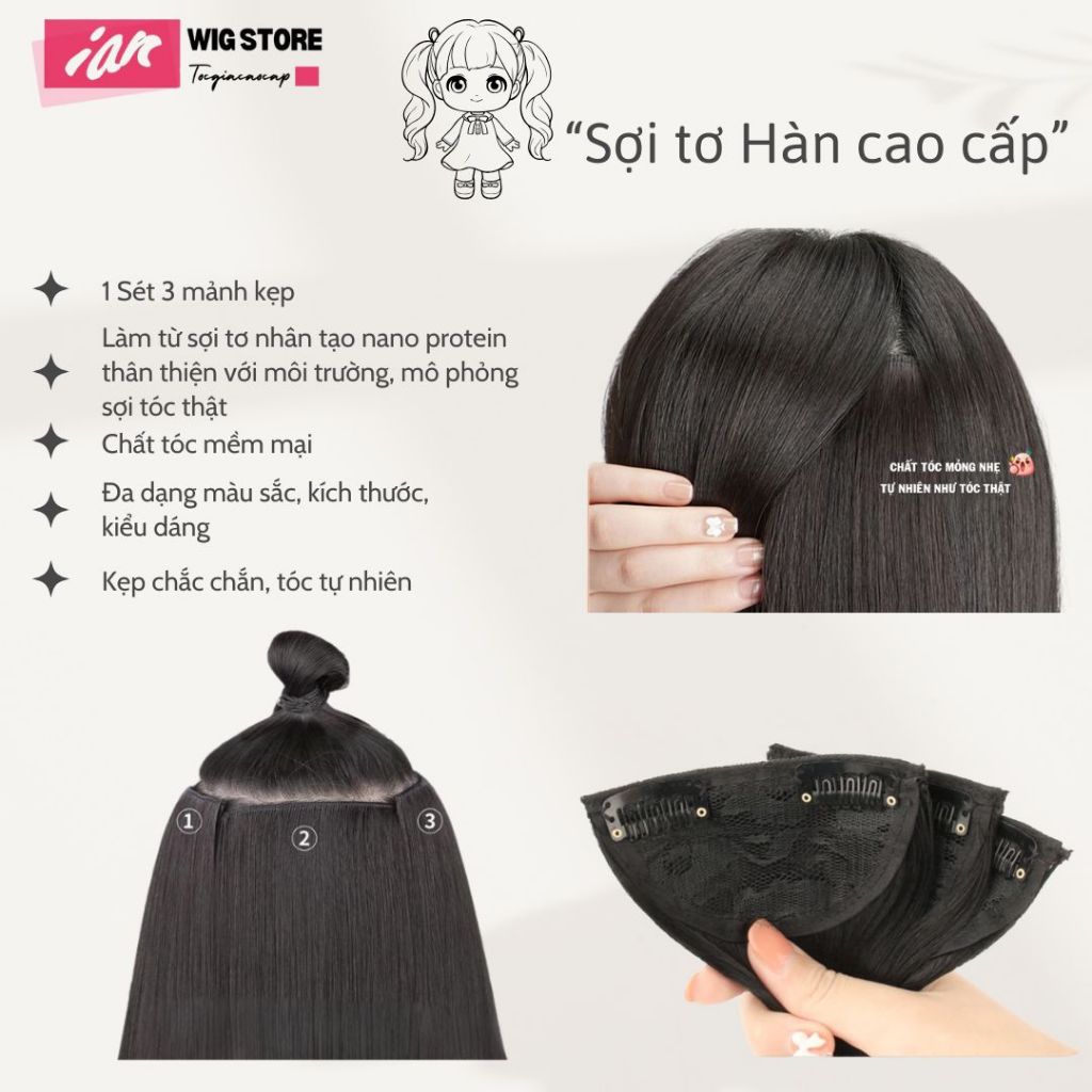 Sét 3 dải tóc giả iAN kẹp xoăn dài cho nữ đẹp cao cấp,làm dày tóc tự nhiên nhẹ mềm đẹp