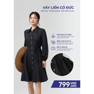 Váy liền cổ đức đai eo xòe tâng vải sợi sồi mềm mịn như lụa WCDR25S017