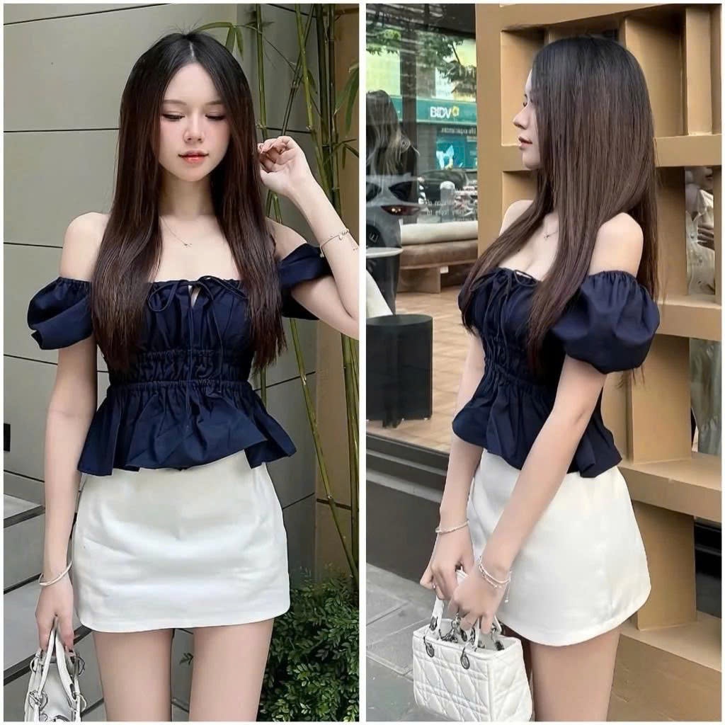Áo Kiểu Nữ BABEE Cổ U Tay Ngắn Phồng Cột Nơ Bo Chun Thân Chất Linen Mềm Mát Phong Cách Dễ Thương