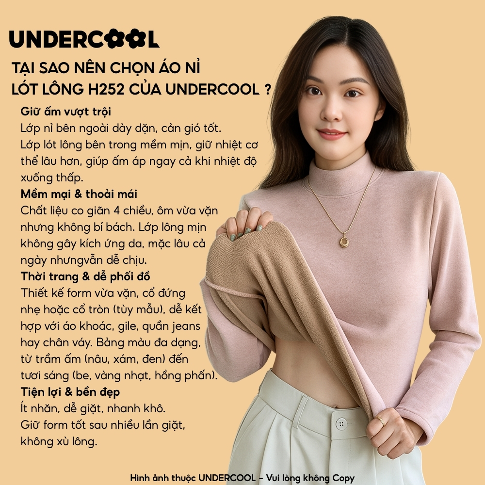 Áo Giữ Nhiệt Nữ Lót Lông UNDERCOOL Cổ thấp Siêu Mềm Dài Tay Co Giãn 4 Chiều Giữ Ấm Mùa Đông H252