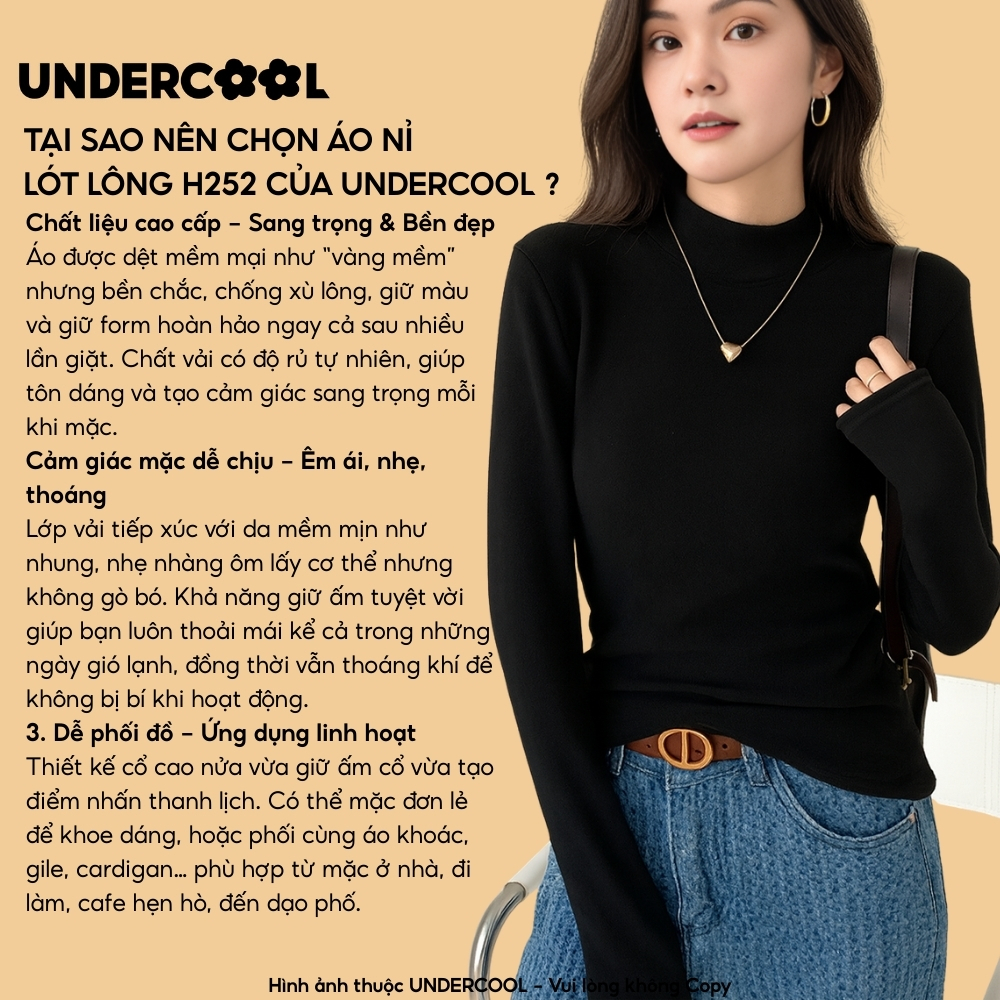 Áo Giữ Nhiệt Nữ Lót Lông UNDERCOOL Cổ thấp Siêu Mềm Dài Tay Co Giãn 4 Chiều Giữ Ấm Mùa Đông H252