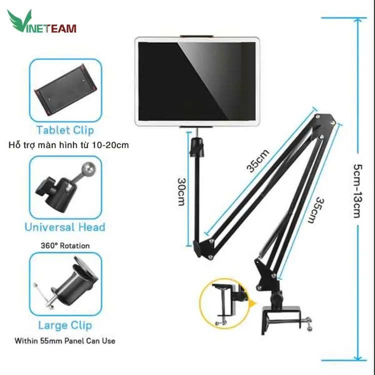 Giá đỡ điện thoại, ipad hợp kim nhôm kẹp bàn, đầu giường mẫu xoay 360 độ quay video,xem phim chụp ảnh chống rung,xếp gọn