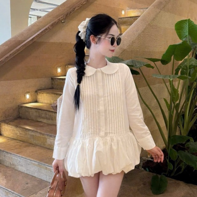 Váy sơmi dài tay dáng ngắn xoè bồng thiết kế dập ly MIU.STUDIO, Đầm nữ cổ bẻ phối chân bí bồng tiểu thư sang chảnh