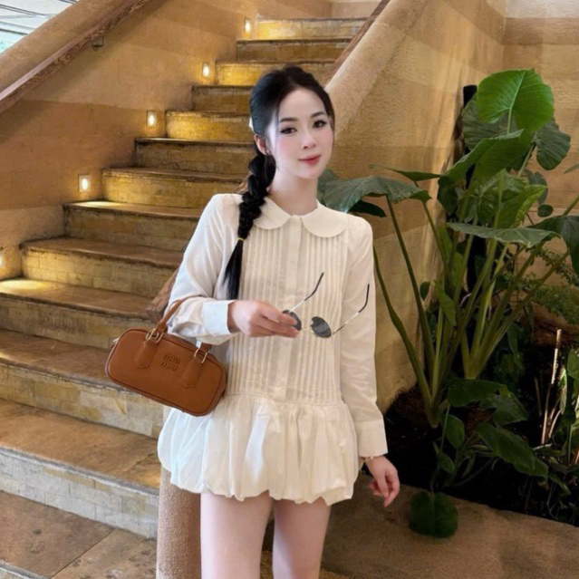 Váy sơmi dài tay dáng ngắn xoè bồng thiết kế dập ly MIU.STUDIO, Đầm nữ cổ bẻ phối chân bí bồng tiểu thư sang chảnh
