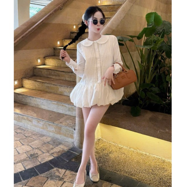 Váy sơmi dài tay dáng ngắn xoè bồng thiết kế dập ly MIU.STUDIO, Đầm nữ cổ bẻ phối chân bí bồng tiểu thư sang chảnh