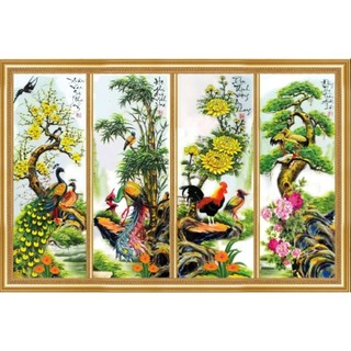 Tranh dán tường tứ quý tùng cúc trúc mai trang trí phòng khách phòng thờ, tranh in trên chất liệu vải lụa (tặng keo dán)
