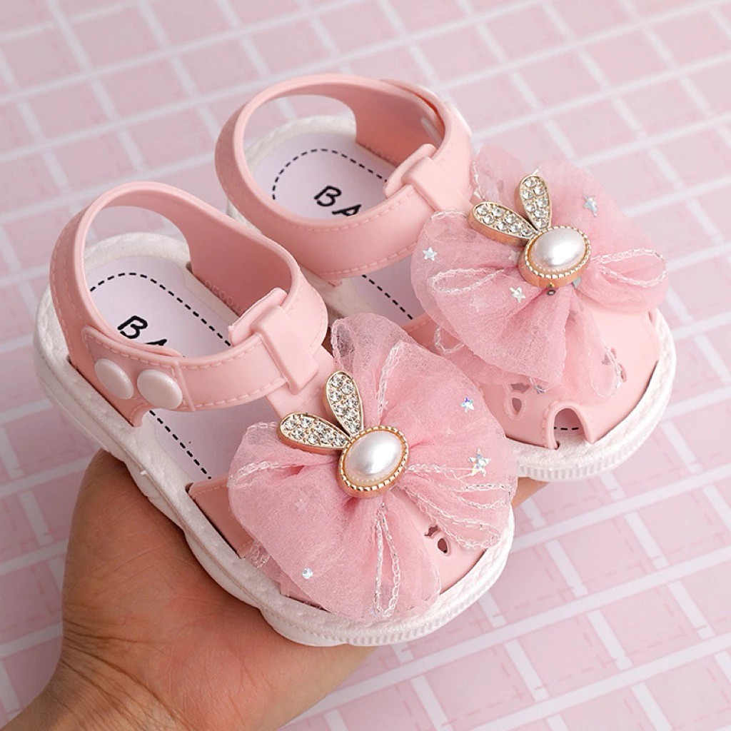 Giày nút cài hình nơ vải von cho bé gái siêu mềm tập đi chống nước chống trơn tốt