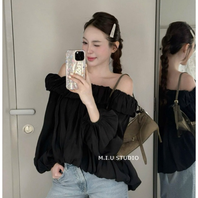 MIU.STUDIO •”Adia Top” Áo trễ vai voan tơ tay bồng style tiểu thư HQuốc ,Áo kiểu nữ thiết kế dáng bí bồng xoè nhún bèo