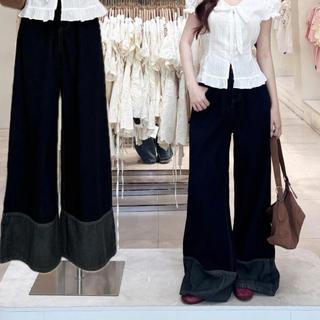 Quần Jeans KORA xanh đậm ống rộng viền chỉ nổi HAVANA QJ330