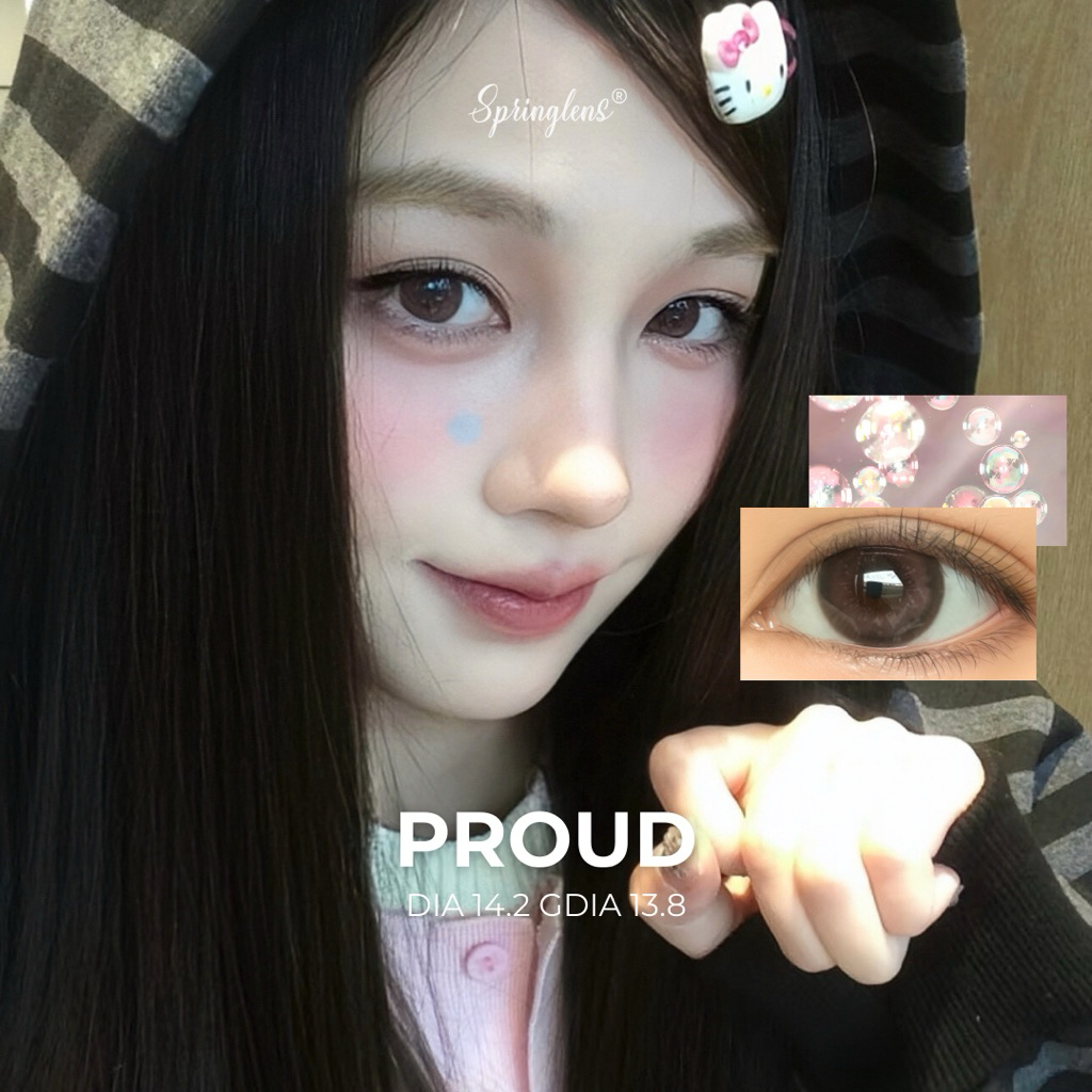Kính áp tròng Proud Brown nâu hồng đen viền giãn tròng cute douyin Silicone Hydrogel 1 tháng 0-7 độ | Spring Lens