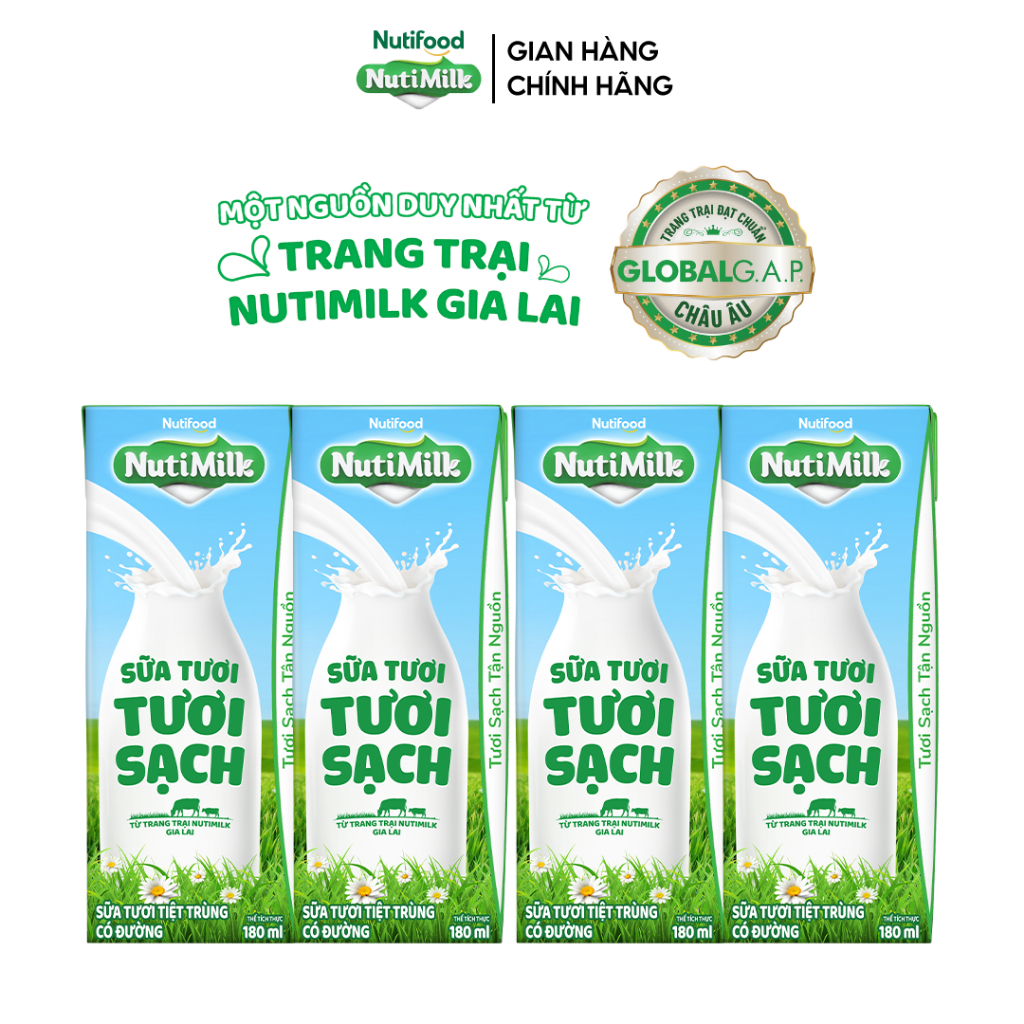 HSD GẦN NHẤT 06/08/2026 [QUÀ TẶNG KHÔNG BÁN] Lốc 04 hộp Sữa tươi tươi sạch 180ml - Có Đường