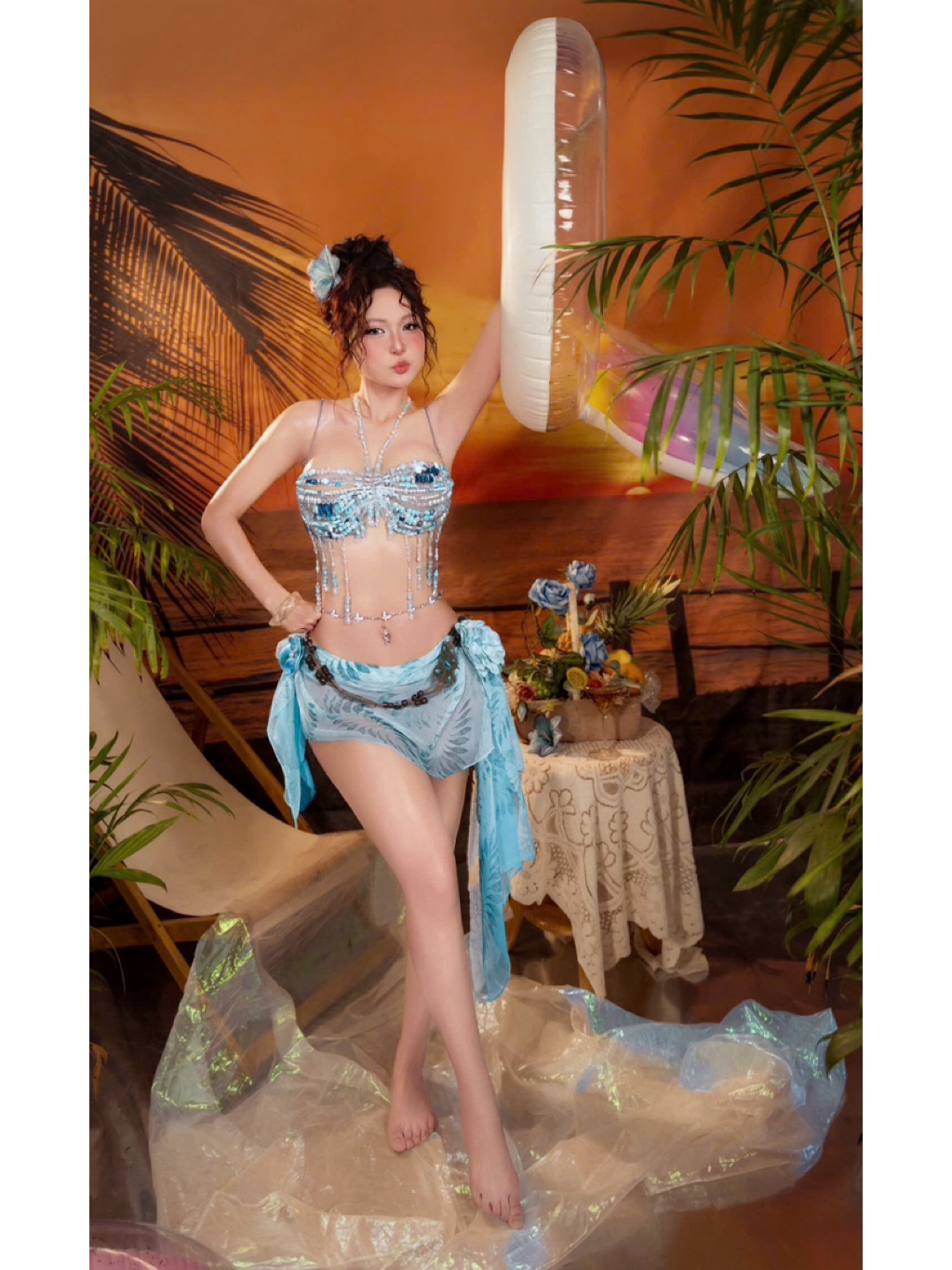 [ Ảnh thật khách chụp ]Set Bikini Đá Xanh Dương cực kỳ quyến rũ. ặng dây chuyền sò & 2 kẹp hoa ,chip(Chưa gồm phụ kiện)