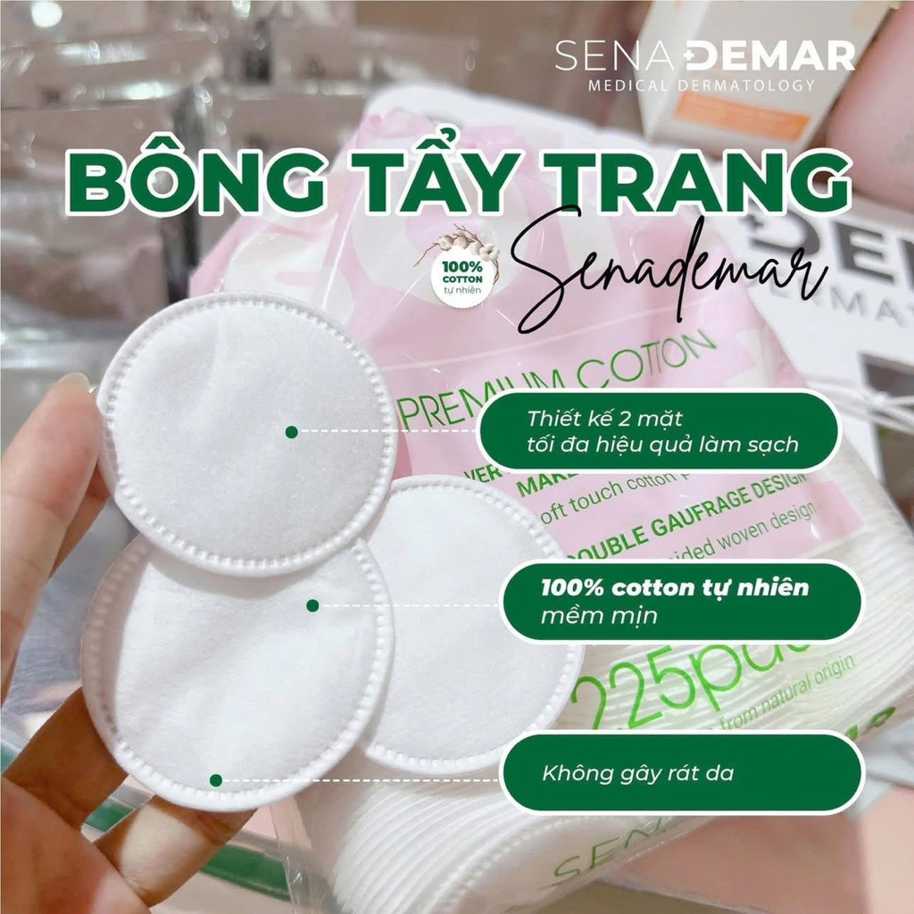 Bông tẩy trang tròn SenaDemar 225 pcs chất liệu 100% bông cotton - hạn 2028  IS125