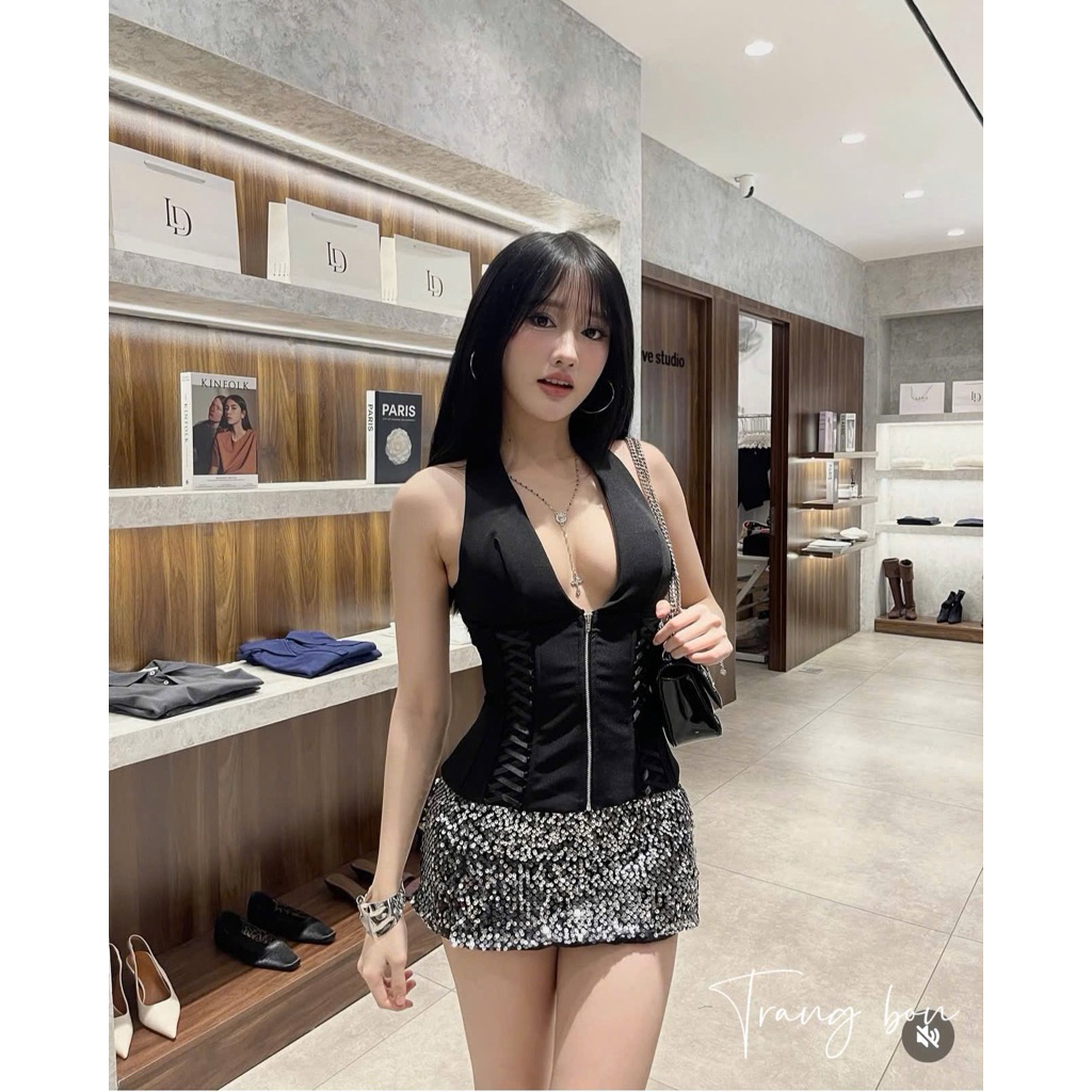 Set áo yếm khoá ngực chân váy kim sa bling lấp lánh
