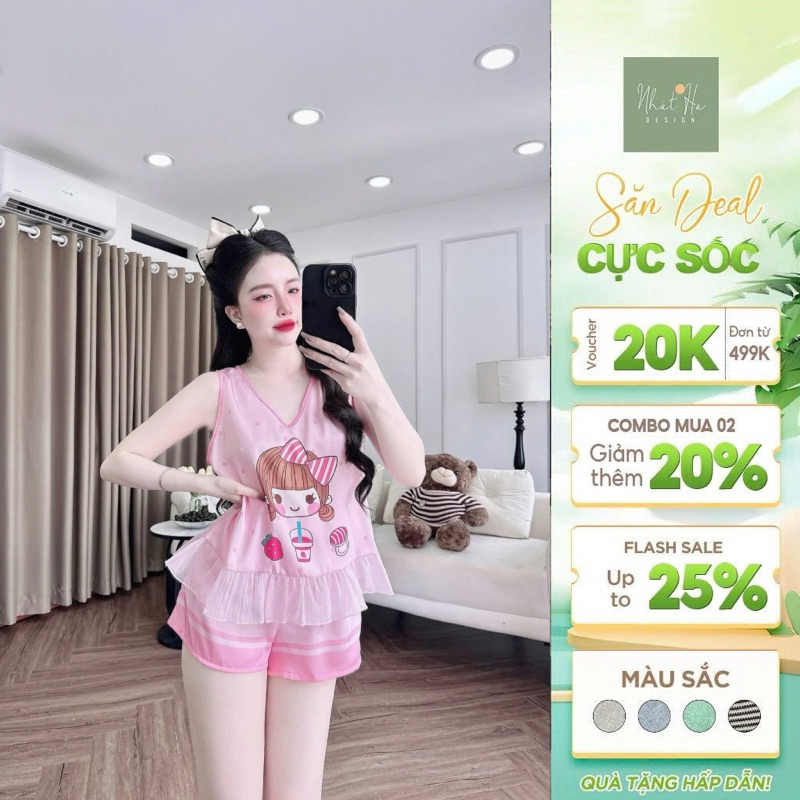 Bộ đùi sát nách hoạ tiết cưng xỉu, phù hợp mặc nhà, đi dạo phố, cà phê... Chất lụa latin mát mịn.