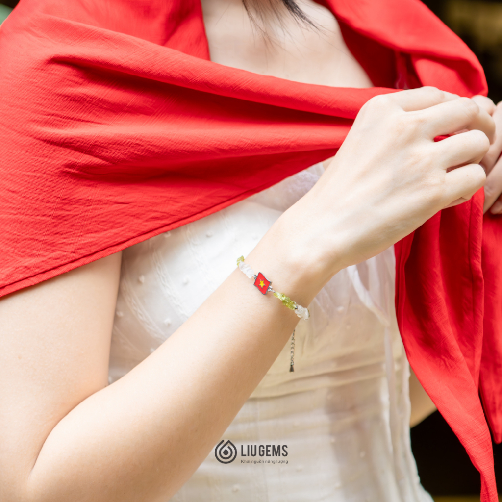 Vòng Tay Đá Thô Tự Nhiên Liugems Handmade Mix Charm Lá Cờ Tổ Quốc Thép Không Gỉ Cao Cấp VTDT08