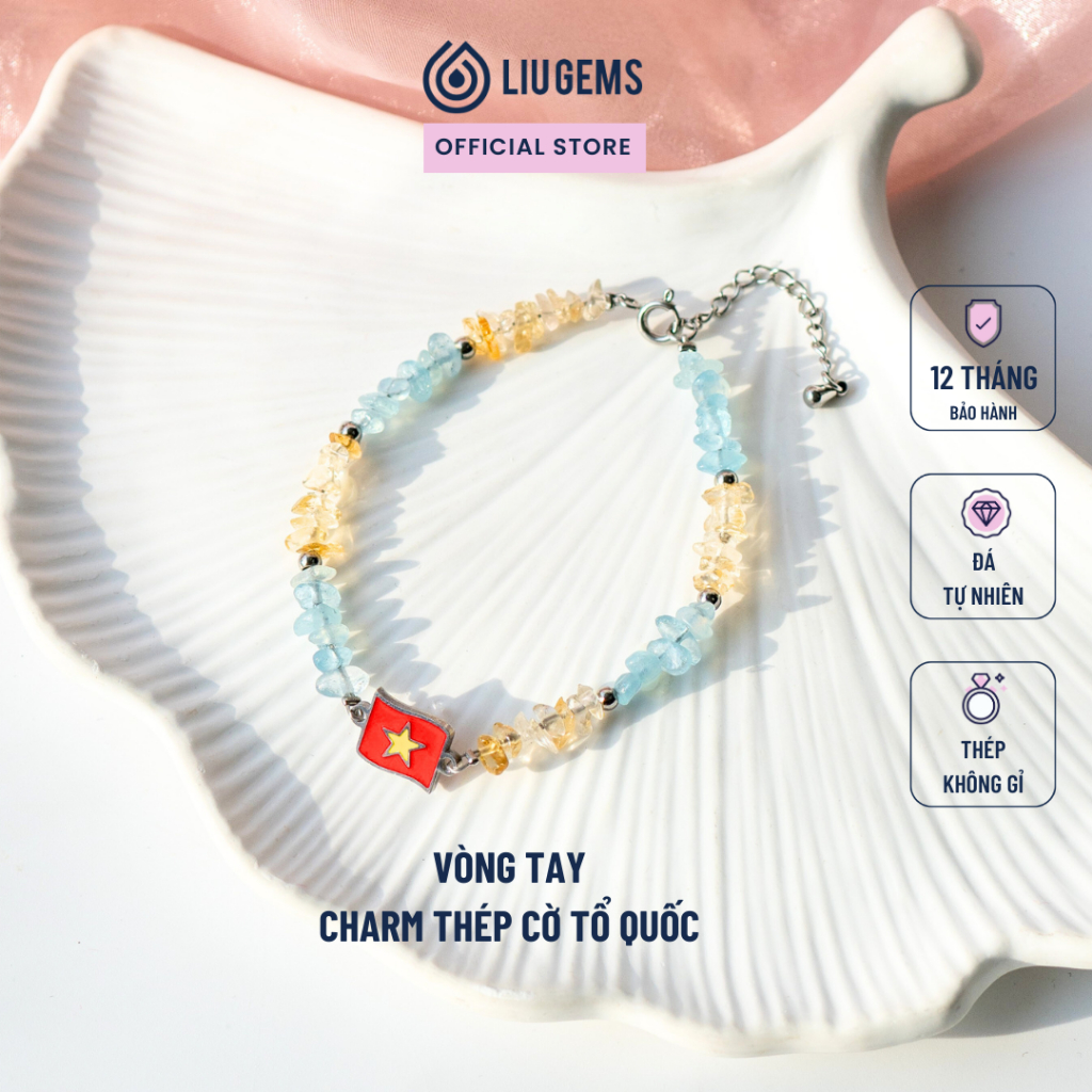 Vòng Tay Đá Thô Tự Nhiên Liugems Handmade Mix Charm Lá Cờ Tổ Quốc Thép Không Gỉ Cao Cấp VTDT08