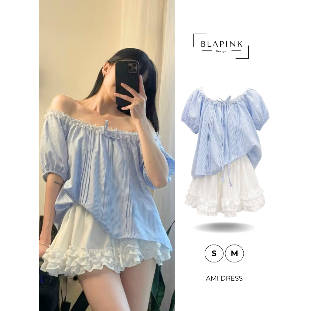 Set Áo Chân Váy Tay Bồng Babydoll Vải Đũi, Cổ Áo Rộng Phối Ren Hoa Mix Chân Váy Bèo Tầng - AMI