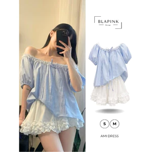 Set Áo Chân Váy Tay Bồng Babydoll Vải Đũi, Cổ Áo Rộng Phối Ren Hoa Mix Chân Váy Bèo Tầng - AMI