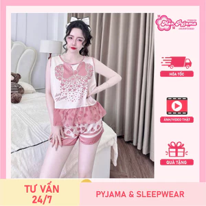 Đồ ngủ lụa lạnh cao cấp,đồ ngủ dễ thương,bộ tiểu thư, áo cổ tròn viền bèo, quần đùi có túi cute [73]