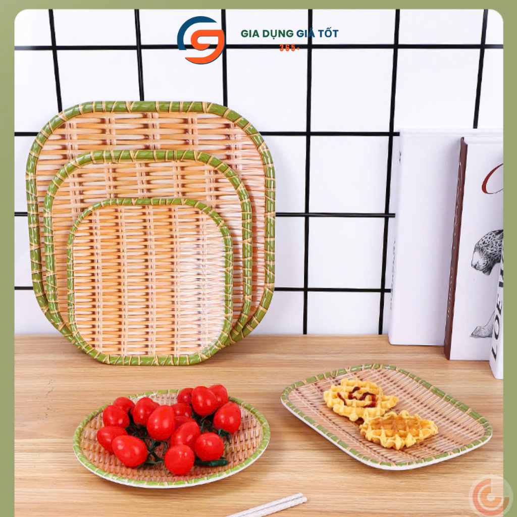 Mẹt nhựa giả mây vuông bo góc - khay đựng bánh kẹo, trái cây, đồ ăn truyền thống, trang trí bàn ăn