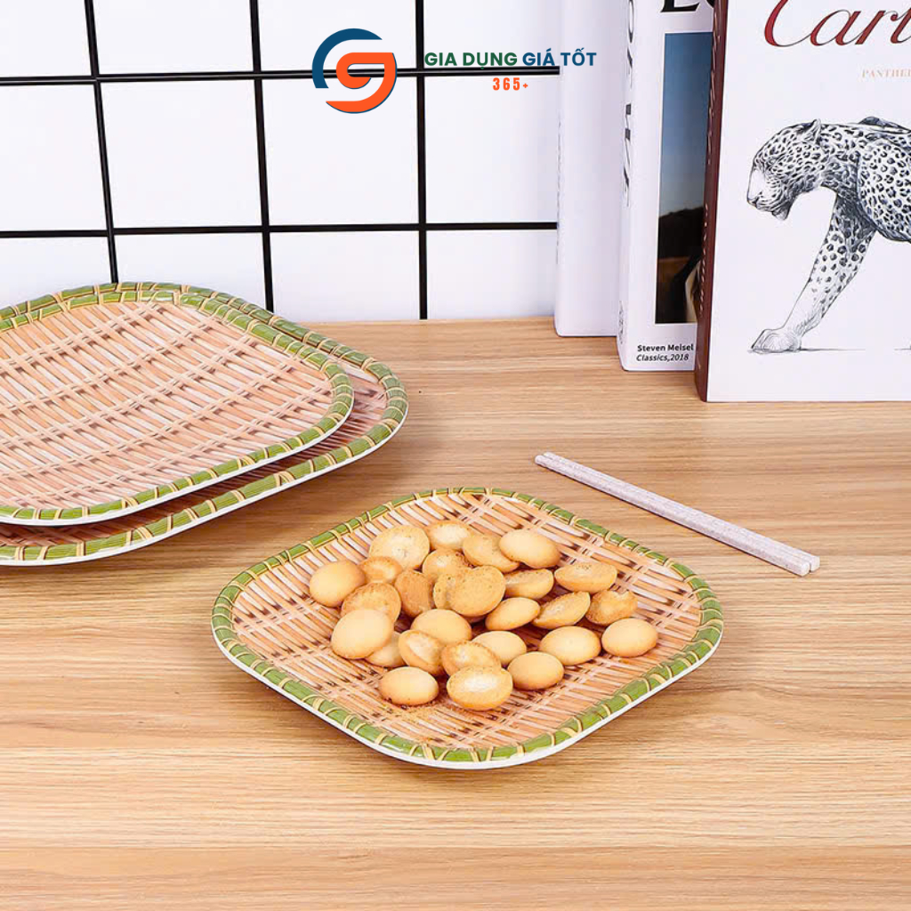 Mẹt nhựa giả mây vuông bo góc - khay đựng bánh kẹo, trái cây, đồ ăn truyền thống, trang trí bàn ăn