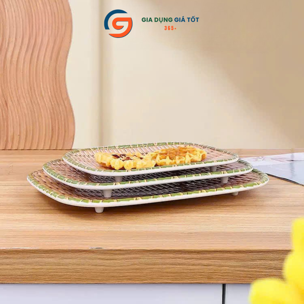 Mẹt nhựa melamine giả mây tre đan chữ nhật có chân - đĩa đựng bún đậu, nem nướng, trái cây, bánh kẹo