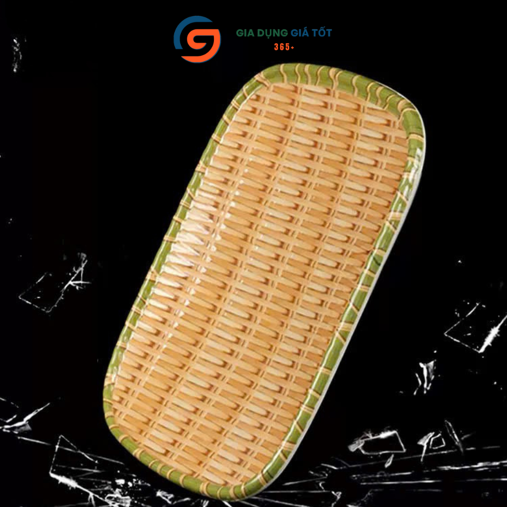 Mẹt nhựa melamine giả mây tre đan chữ nhật có chân - đĩa đựng bún đậu, nem nướng, trái cây, bánh kẹo
