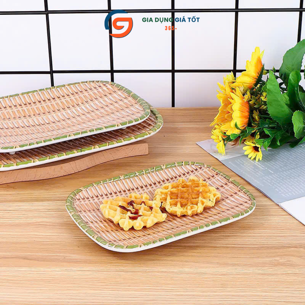 Mẹt nhựa melamine giả mây tre đan chữ nhật có chân - đĩa đựng bún đậu, nem nướng, trái cây, bánh kẹo