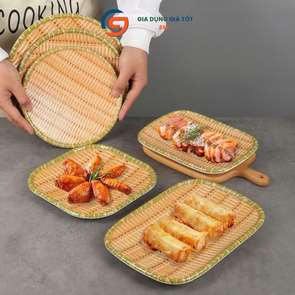 Mẹt nhựa melamine giả mây tre đan chữ nhật có chân - đĩa đựng bún đậu, nem nướng, trái cây, bánh kẹo