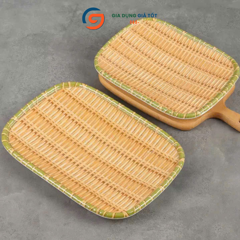 Mẹt nhựa melamine giả mây tre đan chữ nhật có chân - đĩa đựng bún đậu, nem nướng, trái cây, bánh kẹo