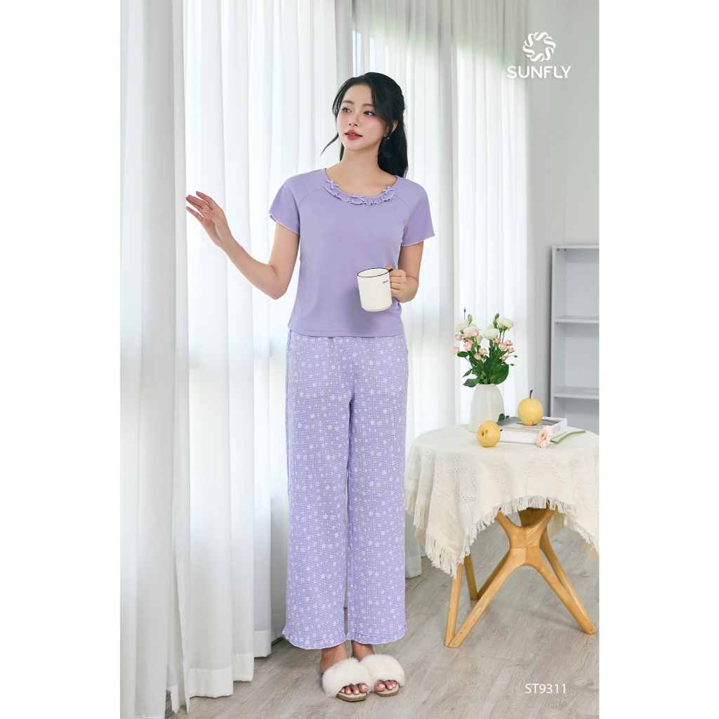 ST9311 Đồ bộ mặc nhà nữ áo thun tăm SUNFLY cộc tay quần dài kate