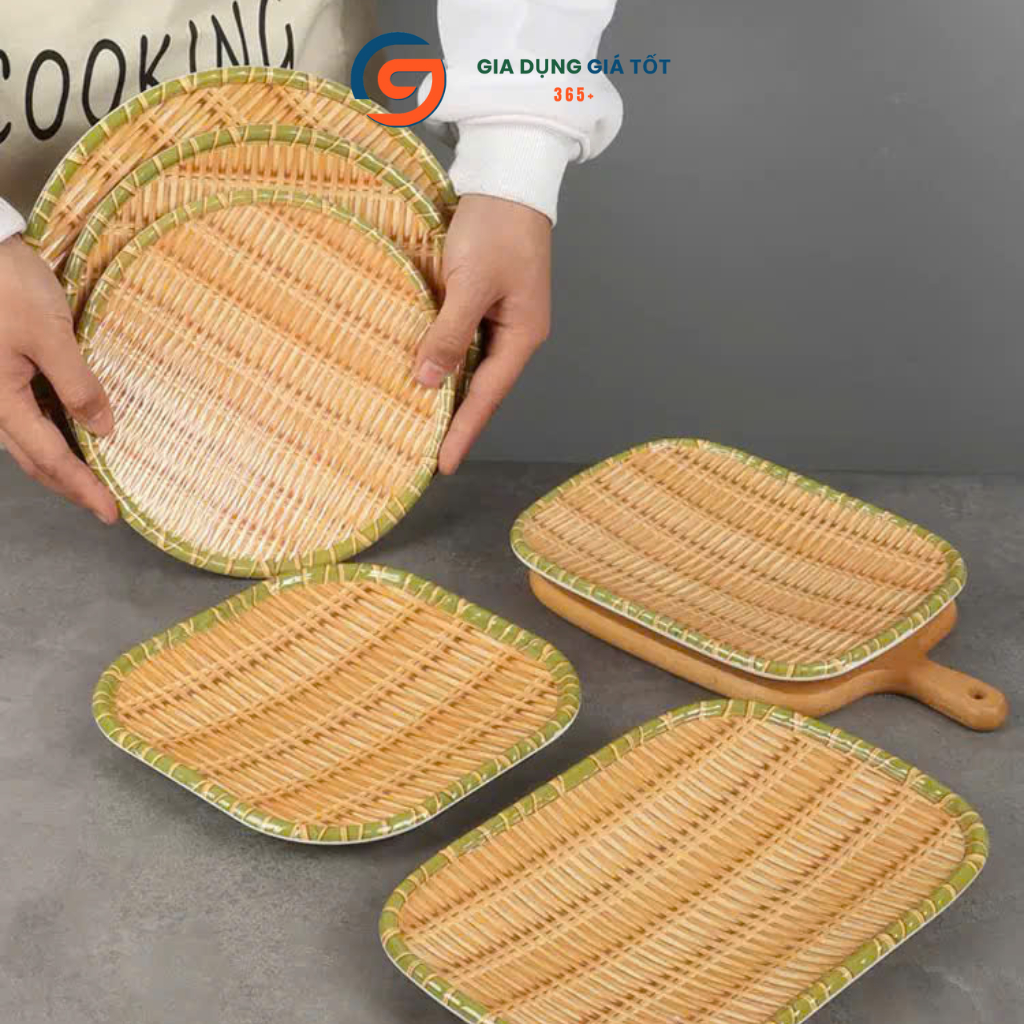 Bộ mẹt nhựa giả mây cao cấp nhiều hình dáng - đĩa đựng đồ ăn, bún đậu, nem nướng, trang trí bàn ăn