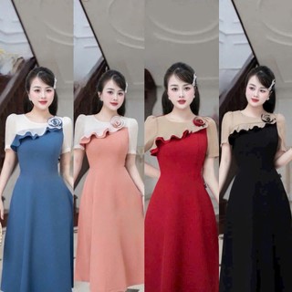 [ CÓ BIGSIZE ] ĐẦM DỰ TIỆC NỮ TAY NGẮN CỔ XẾP LY ĐÍNH HOA BÈO 2 MÀU SÀNH ĐIỆU , SANG CHẢNH