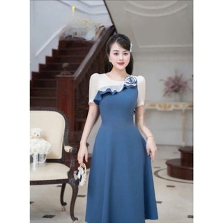 [ CÓ BIGSIZE ] ĐẦM DỰ TIỆC NỮ TAY NGẮN CỔ XẾP LY ĐÍNH HOA BÈO 2 MÀU SÀNH ĐIỆU , SANG CHẢNH
