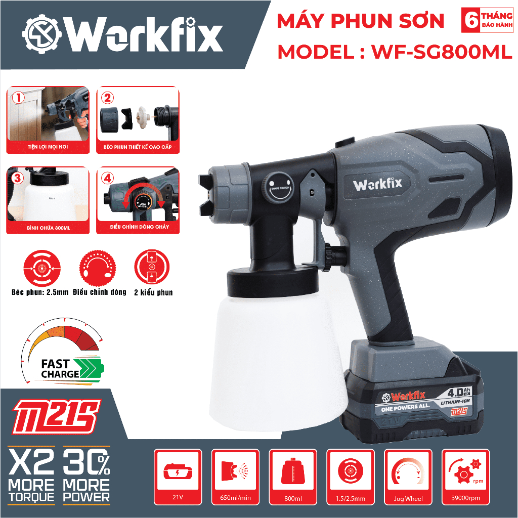 Máy Phun Sơn Pin WORKFIX WF-SG800ML – Phun Mịn, Tiết Kiệm Sơn – 2/3 Chế Độ, Dung Tích Lớn, Pin 21V, Đủ Phụ Kiện
