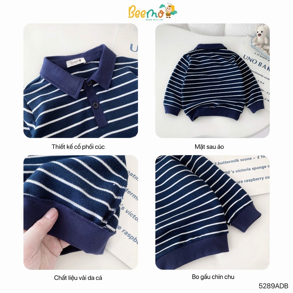 Áo beemo dài tay da cá kẻ cổ đức, áo thun thu đông bé trai hoạ tiết kẻ 5289ADB