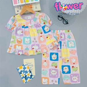 Bộ tole tay ngắn quần dài bé gái 1 nơ thiết kế viền tay áo xinh xắn 10-42kg - Đồ bộ tole Flower
