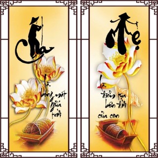 Tranh dán tường chữ thư pháp cha mẹ, tranh in trên chất liệu vải lụa (shop tặng kèm keo dán)