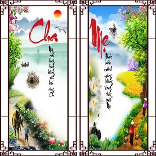Tranh dán tường chữ thư pháp cha mẹ, tranh in trên chất liệu vải lụa (shop tặng kèm keo dán)