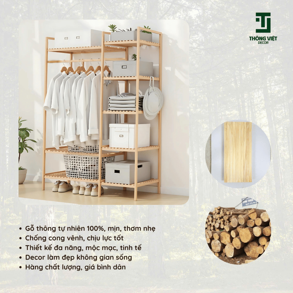 Kệ Vuông Treo Quần Áo, Giá Treo Đựng Đồ Gỗ Thông Tự Nhiên Chắc Chắn Nhiều Tầng Đa Năng Có Móc Treo