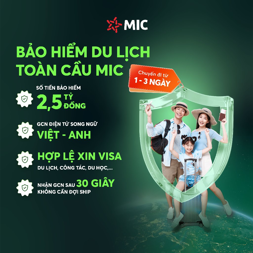 Toàn quốc [E-Voucher] Bảo hiểm du lịch toàn cầu MIC, chuyến đi từ 1 - 3 ngày, quyền lợi 2,5 tỷ đồng.