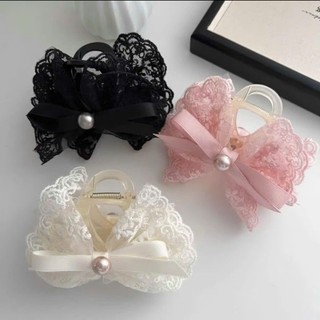 kẹp tóc nơ ren đính hạt ngọc dễ thương C4