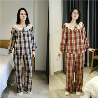 𝗛𝗮̀𝗻𝗴 𝗰𝗵𝗶́𝗻𝗵 𝗵𝗮̃𝗻𝗴 Bộ đồ ngủ mặc nhà pyjama Lana cổ ren kẻ lót nhung  form rộng - O.N WORKSHOP