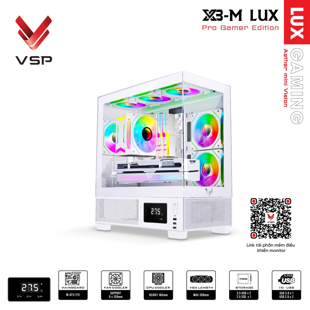 Vỏ Case PC VSP X3-M Lux White – Thiết kế Gaming, Màn hình LED điều ...