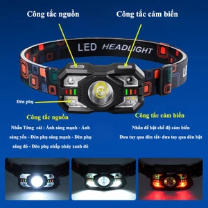 Đèn pin đội đầu siêu sáng nhỏ gọn pin trâu ánh sáng tỏa rộng chống nước, bật tắt cảm biến TD-0168