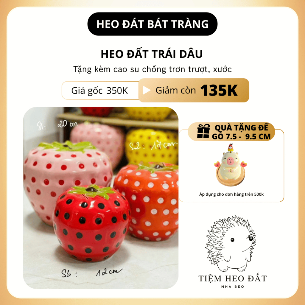 Heo đất trái dâu Bát Tràng dễ thương - Heo gốm tiết kiệm tiền decor độc lạ