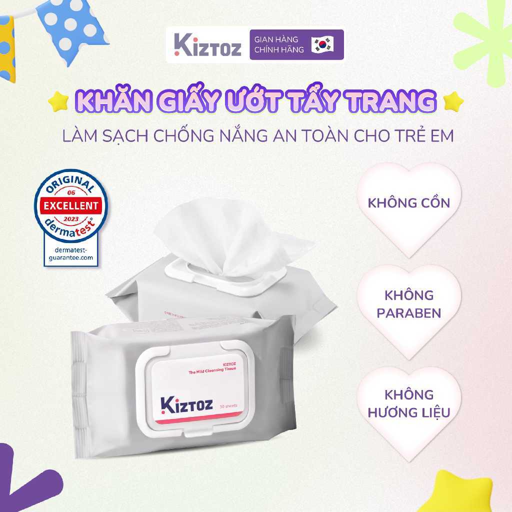 Khăn Giấy Ướt Tẩy Trang Làm Sạch Chống Nắng An Toàn Cho Trẻ Sơ Sinh Kiztoz The Mild Cleansing Tissue 30 Miếng