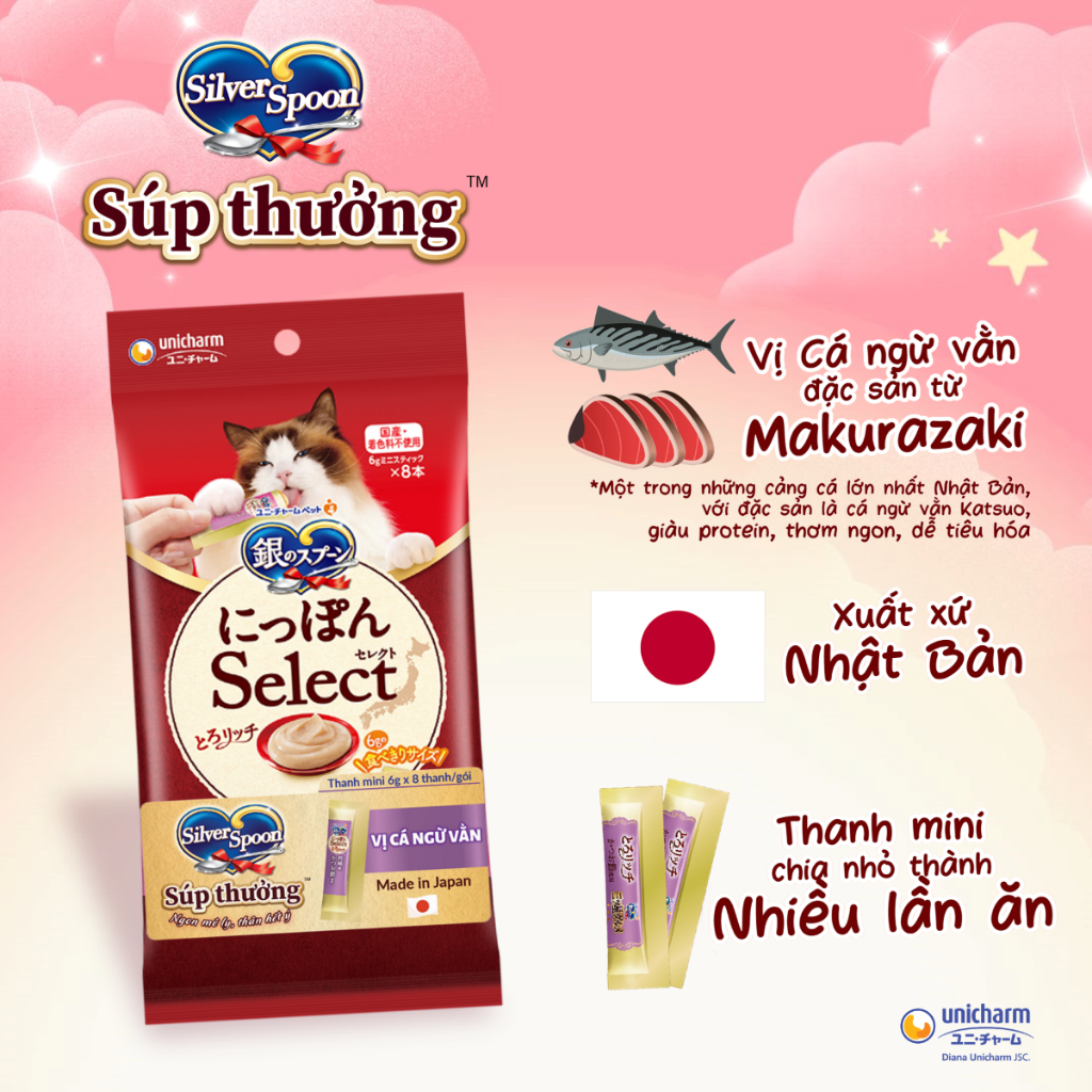 [V] Bộ 6 Súp Thưởng Silver Spoon Dạng Thanh Cho Mèo Vị Cá Ngừ/Vị Cá Ngừ Vằn/Vị Thịt Gà (48g/gói)