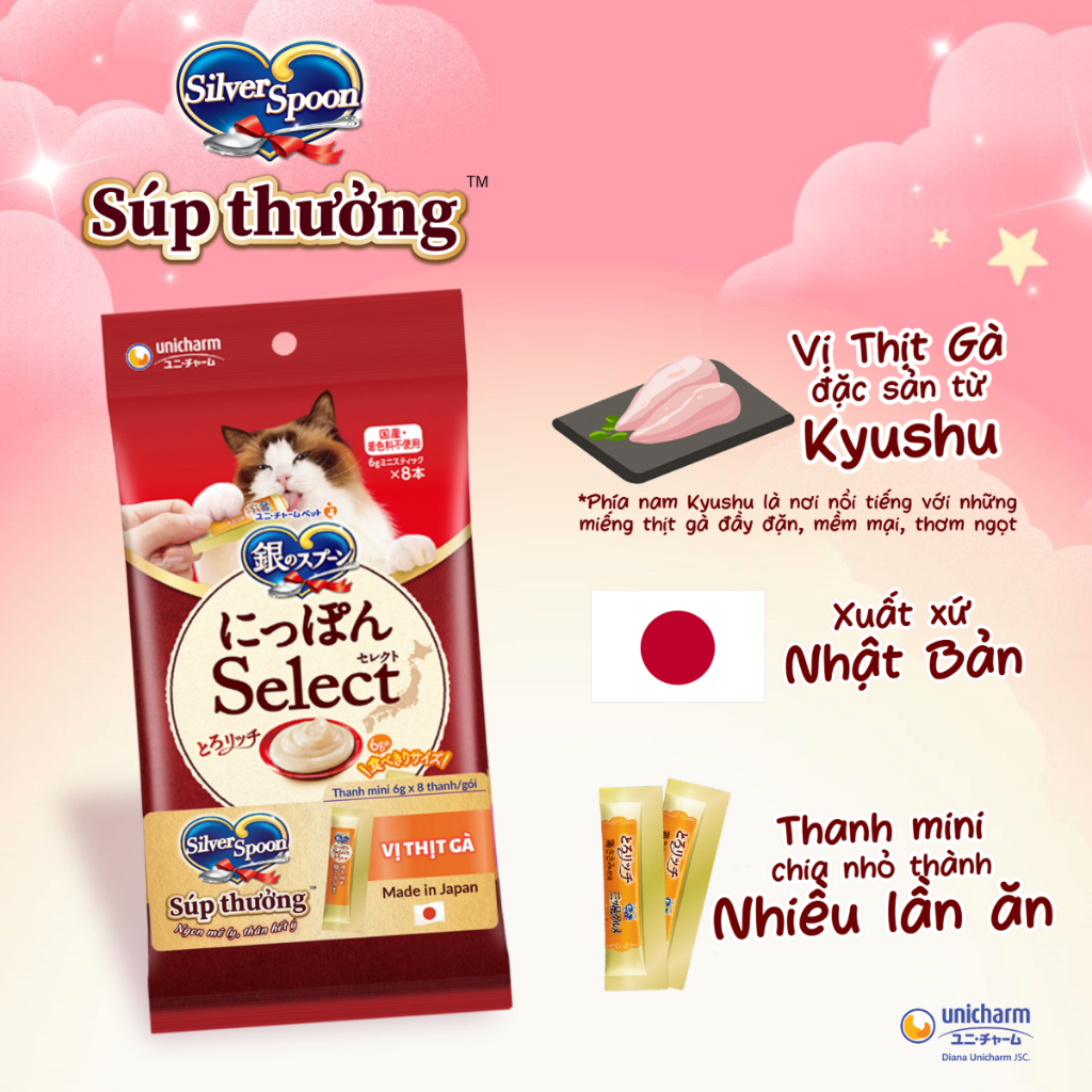 [V] Bộ 6 Súp Thưởng Silver Spoon Dạng Thanh Cho Mèo Vị Cá Ngừ/Vị Cá Ngừ Vằn/Vị Thịt Gà (48g/gói)